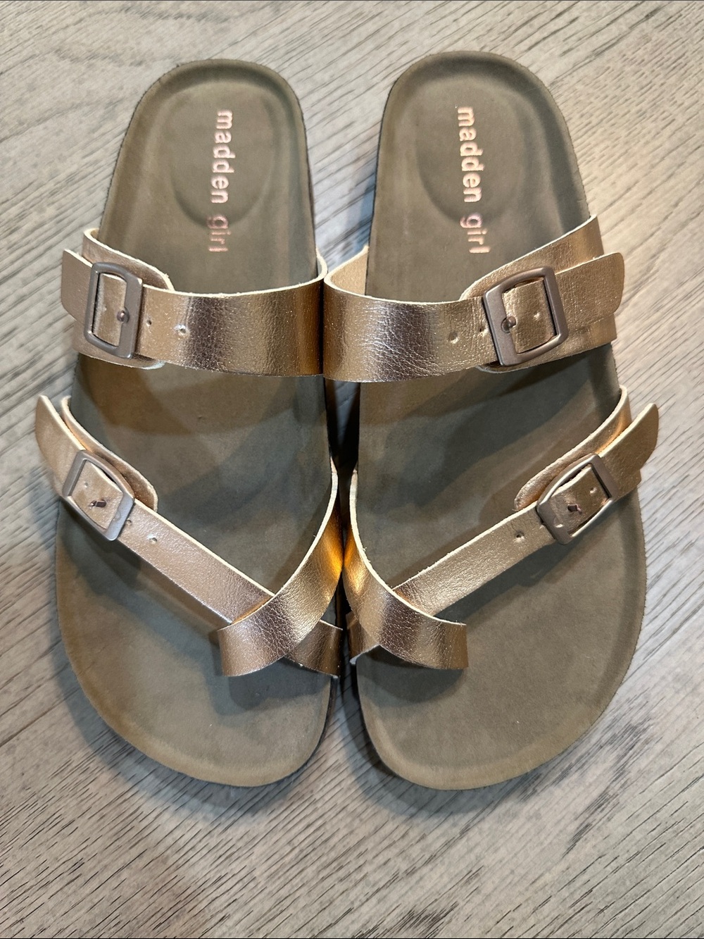 Madden Girl Metallic Rose Gold Double Buckle Slide Sandals